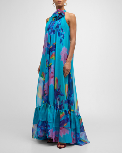 Shop Jovani Floral-print Halter Trapeze Gown