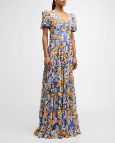 Shop Jovani Puff-sleeve Floral Sequin Gown In Multi