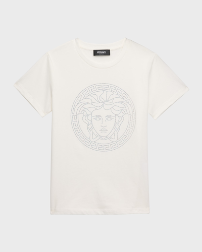 Shop Versace Girl's Medusa & Greca Trim Graphic T-shirt In White Crystal