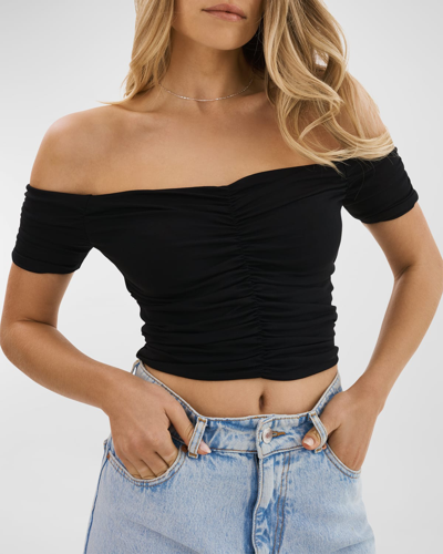 Shop Lamarque Nina Ruched Jersey Off-the-shoulder Top In Black
