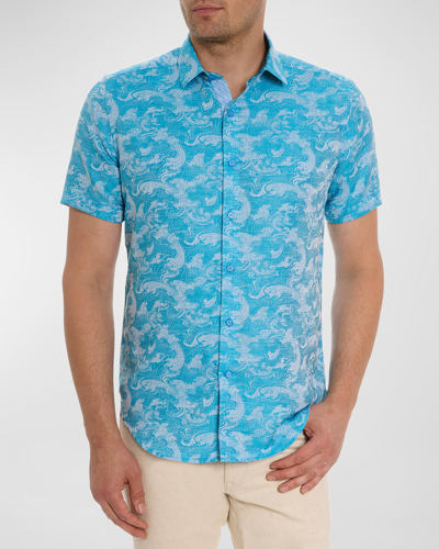Shop Robert Graham Men's Poseidon Linen-cotton Short-sleeve Shirt In Turquoise