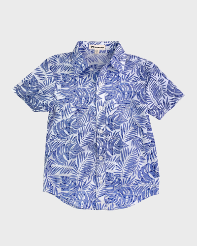 Shop Appaman Boy's Short-sleeve Party Shirt In Blue Palms