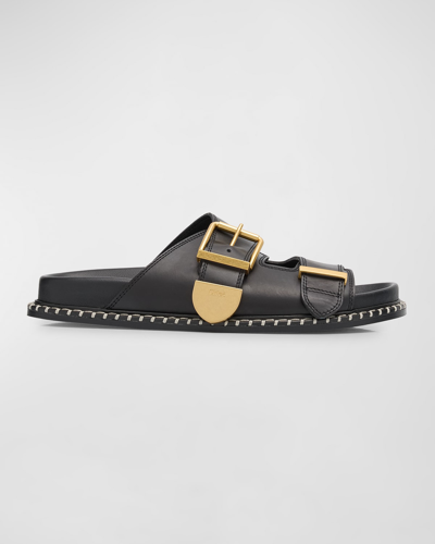 Shop Chloé Rebecca Leather Dual Buckle Slide Sandals In Black
