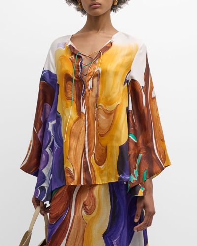 Shop Dorothee Schumacher Rainbow Dreams Lace-up Silk Blouse In Rainbow Flames