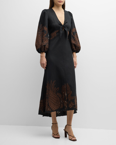 Shop Dorothee Schumacher Exquisite Luxury Embroidered Linen Midi Dress In Pure Black