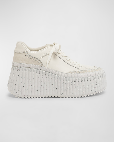 Shop Chloé Platform Speckled Mix Leather Sneakers In White