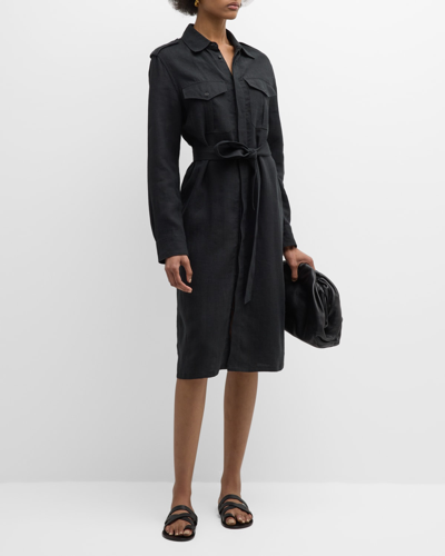 Shop Nili Lotan Marcia Belted Linen Dress With Safari Pockets In Black
