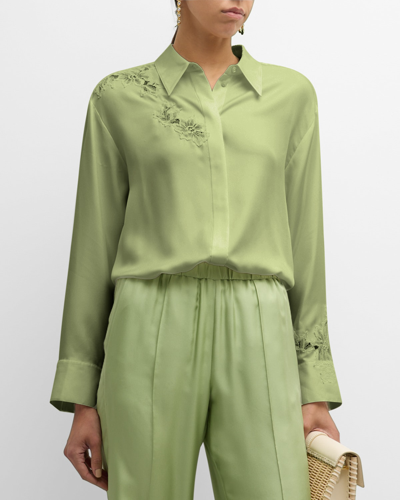 Shop Dorothee Schumacher Sensual Coolness Lace-trim Silk Blouse In Happy Green