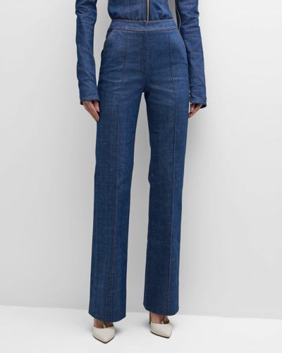 Shop Laquan Smith High-rise Pintuck Straight-leg Denim Trousers In Dark Blue