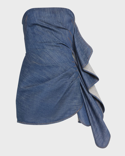 Shop Laquan Smith Strapless Denim Mini Dress With Ruffle Detail In Dark Blue