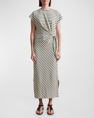 Shop Apiece Apart Vanina Striped Cap-sleeve Side-tie Maxi Dress In Cream Olive Strip