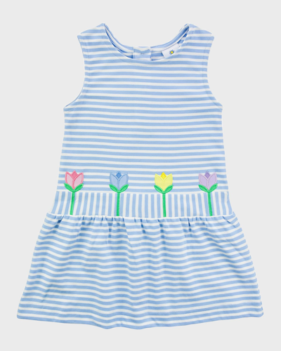 Shop Florence Eiseman Girl's Tulip Applique Sleeveless Knit Dress In Blue/white