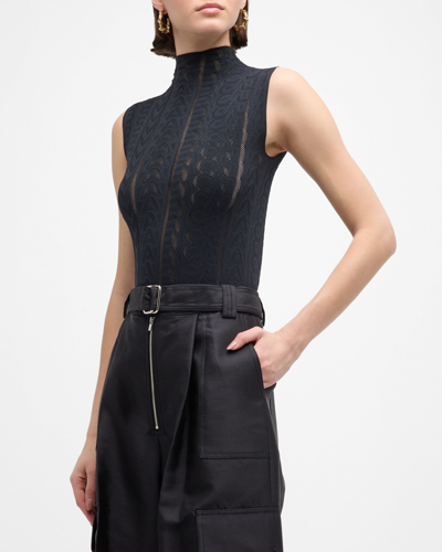 Shop Marc Jacobs Mock-neck Monogram Pointelle Knit Sleeveless Bodysuit In Black