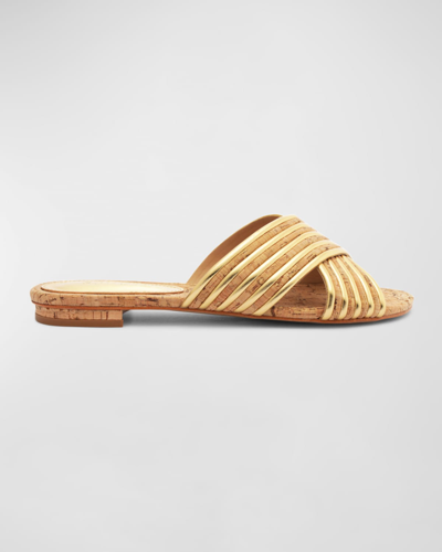 Shop Schutz Latifah Metallic Cork Crisscross Sandals In Ouro Claro / Natu