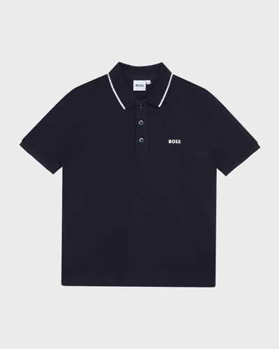 Shop Hugo Boss Boy's Logo Cotton Knit Short-sleeve Polo Shirt In Navy