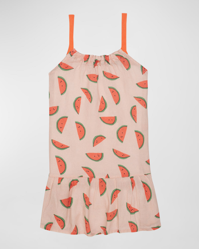 Shop Mon Coeur Girl's Watermelon-print Sleeveless Linen Dress In Misty Rose