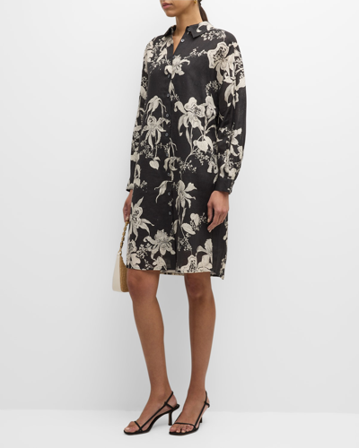 Shop Rickie Freeman For Teri Jon Floral-print Chain-embellished Linen Midi Dress In Black Ivor