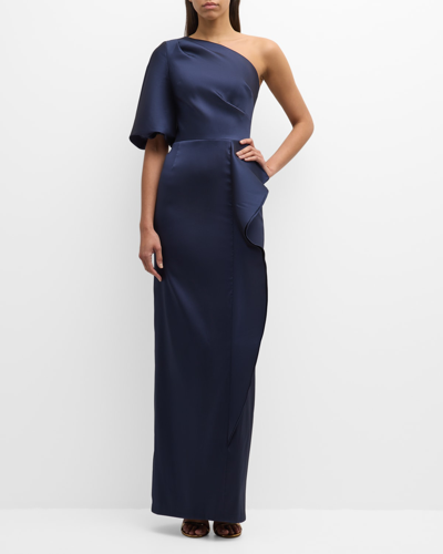 Shop Rickie Freeman For Teri Jon Pleated One-shoulder Ruffle Column Gown In Navy