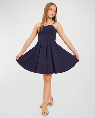 Shop Un Deux Trois Girl's Fit And Flare Textured Dress In Navy