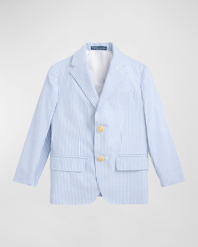 Shop Ralph Lauren Boy's Seersucker Tailored Sport Coat In Blue White