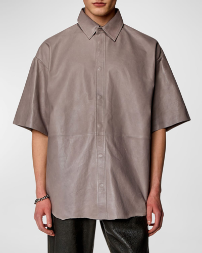 Shop Diesel Men's Emin Leather Short-sleeve Shirt In Dove/grey