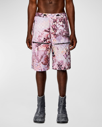 Shop Diesel Men's Multi-pocket Abstract Nylon Shorts In Misty Rose