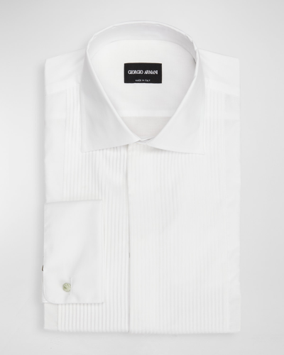 Shop Giorgio Armani Men's Pleated Bib Basic Tuxedo Shirt In Fancy White
