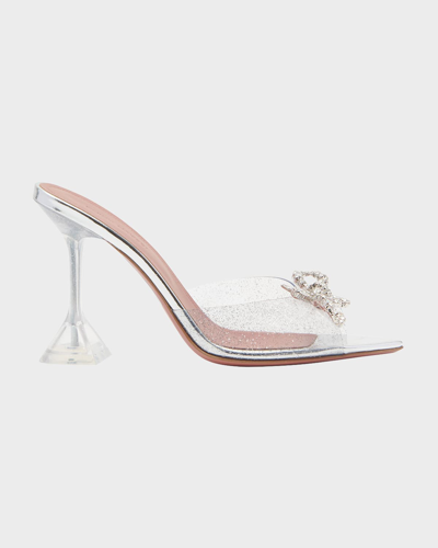 Shop Amina Muaddi Rosie Crystal Bow Mule Sandals In Silver Glitter