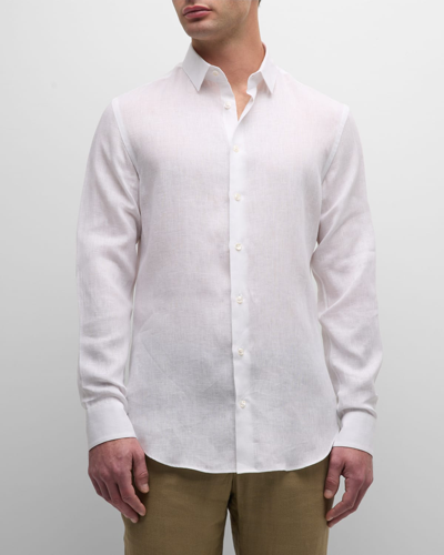 Shop Giorgio Armani Men's Solid Linen Sport Shirt In White