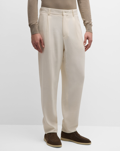 Shop Giorgio Armani Men's Pleated Wool-blend Suit Pants In Solid White