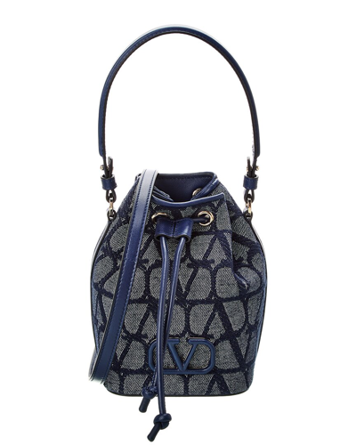 Shop Valentino Vlogo Mini Toile Canvas & Leather Bucket Bag In Blue