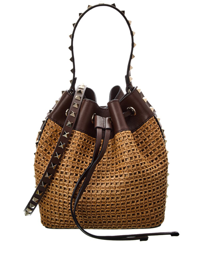 Shop Valentino Rockstud Raffia & Leather Bucket Bag In Brown
