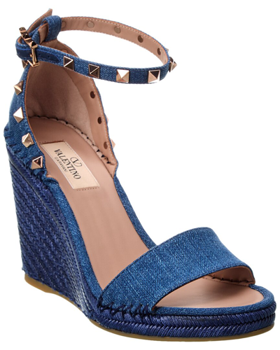 Shop Valentino Rockstud 100 Denim Wedge Sandal In Blue