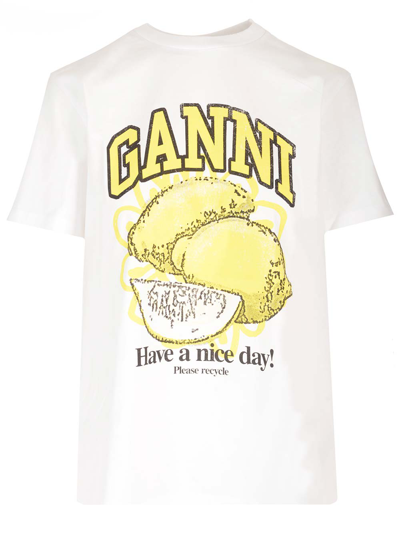 Shop Ganni Lemon Print T-shirt In Bright White