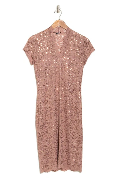 Marina Sequin Lace Cap Sleeve Sheath Dress In Blush