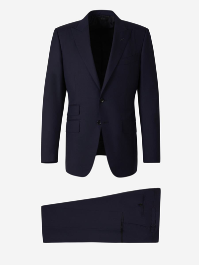 Shop Tom Ford Plain Wool Suit In Dark Blue