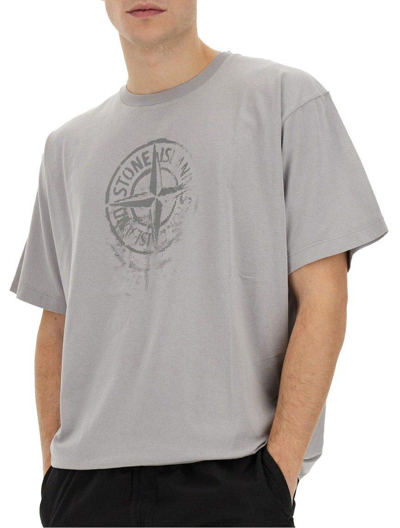 Shop Stone Island Compass Printed Crewneck T-shirt In Grigio