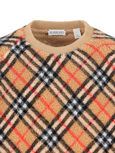 Shop Burberry Checked Crewneck Fleece Sweatshirt In Beige