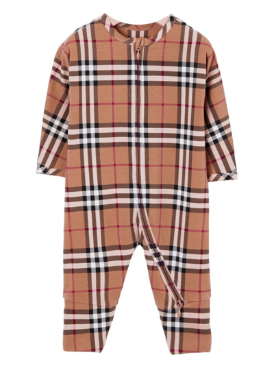 Shop Burberry Claude Beige Onesie With Vintage Check Motif And Zip In Stretch Cotton Baby