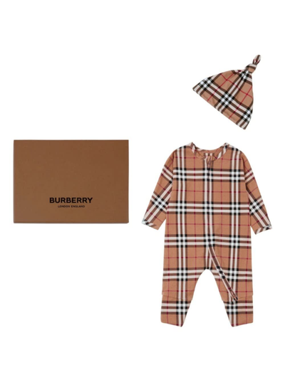 Shop Burberry Claude Beige Onesie With Vintage Check Motif And Zip In Stretch Cotton Baby