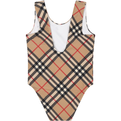 Shop Burberry Beige Swimsuit For Baby Girl With Iconic Check