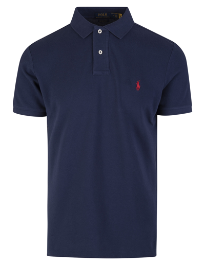 Shop Ralph Lauren Man Slim-fit Custom Polo Shirt In Night Blue Pique With Contrast Pony In Newport Navy