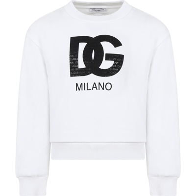 Shop Dolce & Gabbana Whit Sweatshirt For Kids With Iconic Monogram In Bianco Ottico