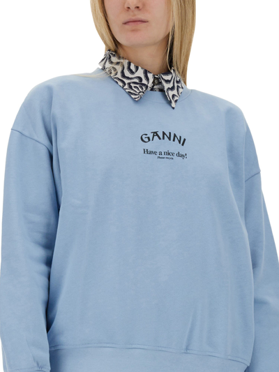 Shop Ganni Sweatshirt With Logo In Celeste