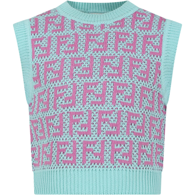 Shop Fendi Light Blue Vest Sweater For Girl With Ff