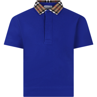 Shop Burberry Light Blue Polo Shirt For Boy With Vintage Check On The Collar In Knight