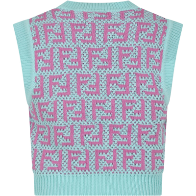 Shop Fendi Light Blue Vest Sweater For Girl With Ff In Acquamarina