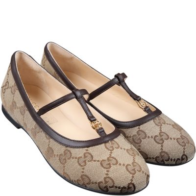 Shop Gucci Brown Ballet Flats For Girl With Gg In Beige