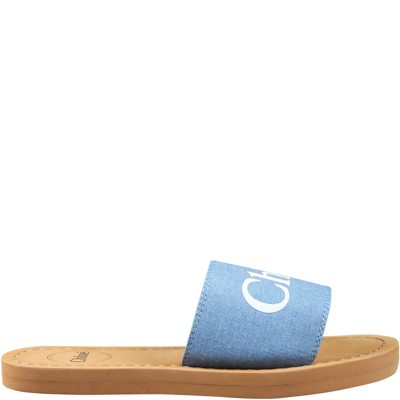 Shop Chloé Denim Slippers For Girl With Logo In Blu Denim