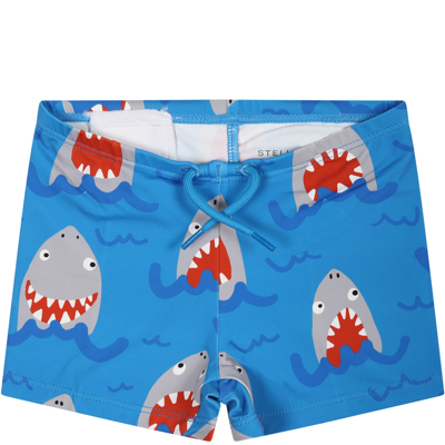Shop Stella Mccartney Light Blue Boxer Shorts For Baby Boy With All-over Shark Print In Celeste